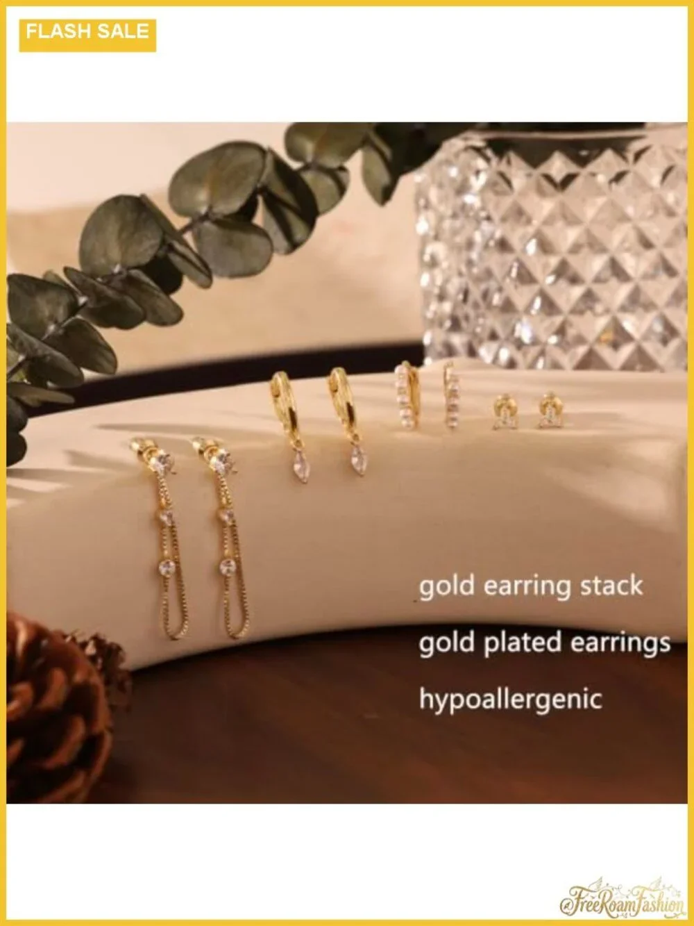 14k Gold Plated Huggie Hoop Earring Set Dangle Drop CZ Chain Stackable